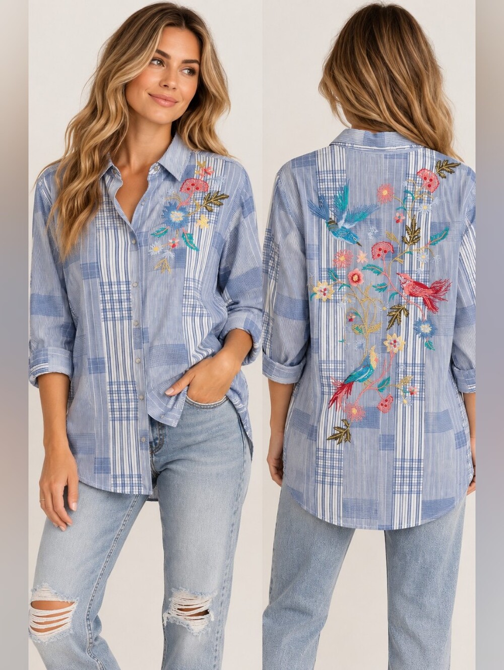 Johnny Was Workshop Blue Patchwork Plaid Embroidered Bird Floral Button Down M